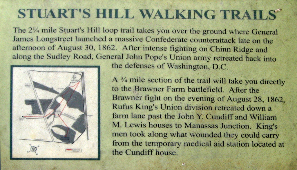 The Stuart's Hill walking trails wayside marker is at the Stuart’s Hill Center in the southwest part of the battlefield park.