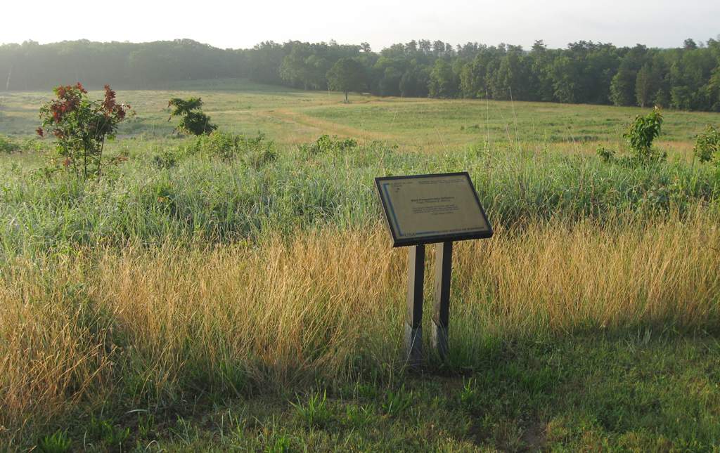The 83rd Pennsylvania Infantry trailside marker is on the Deep Cut loop trail at Stop 7 of the Manassas Battlefield Driving Tour.