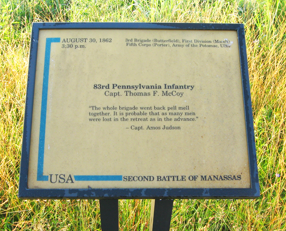 The 83rd Pennsylvania Infantry trailside marker is on the Deep Cut loop trail at Stop 7 of the Manassas Battlefield Driving Tour.