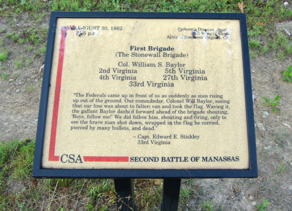 The First (Stonewall) Brigade trailside marker is on the Deep Cut loop trail at Stop 7 of the Manassas Battlefield Driving Tour.