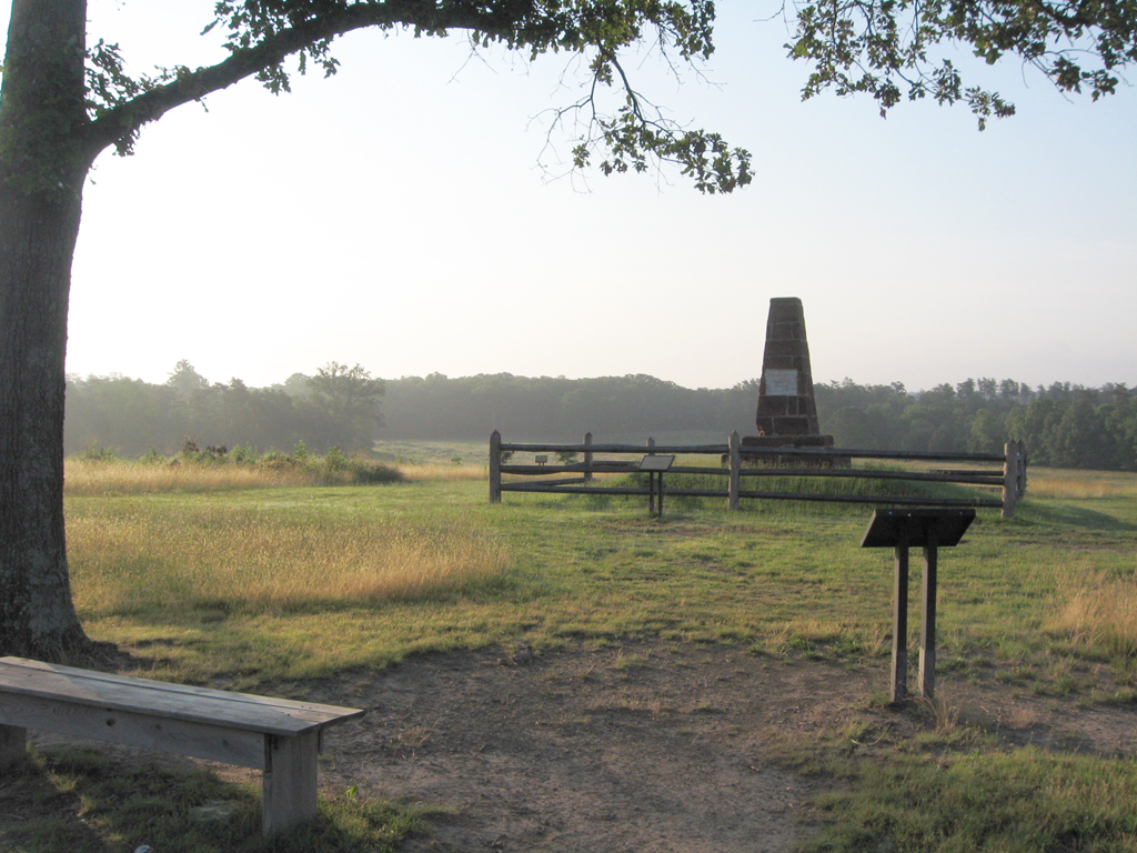 The Second Bull Run monument is on the Deep Cut loop trail at Stop 7 of the Manassas Battlefield Driving Tour.