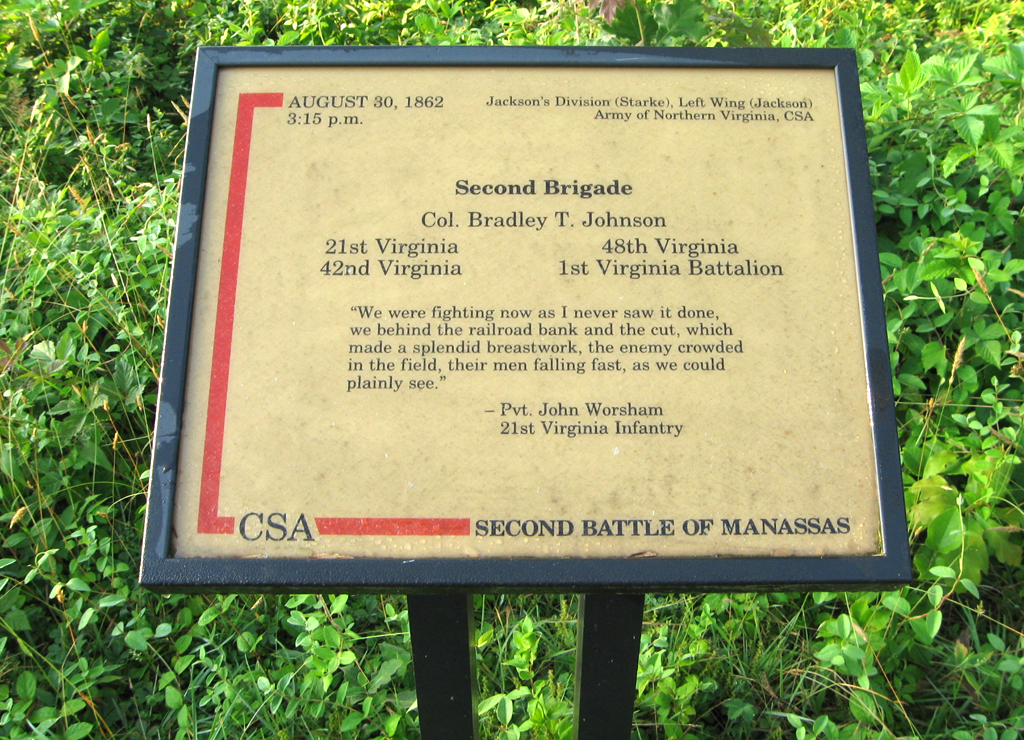 The Second Brigade trailside marker is on the Deep Cut loop trail at Stop 7 of the Manassas Battlefield Driving Tour.