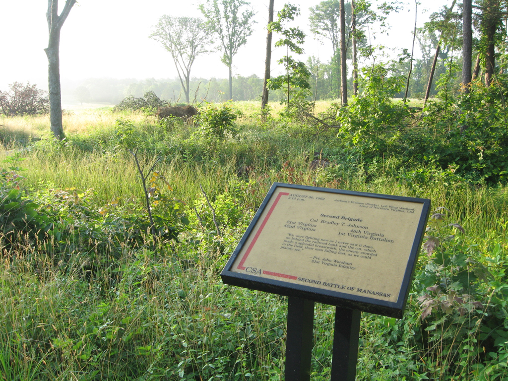 The Second Brigade trailside marker is on the Deep Cut loop trail at Stop 7 of the Manassas Battlefield Driving Tour.
