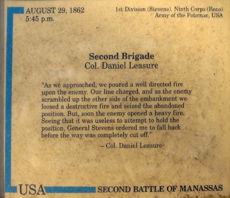 The Second Brigade trailside marker is along the Unfinished Railroad, reached from Stop 6 on the Manassas Battlefield Driving Tour.