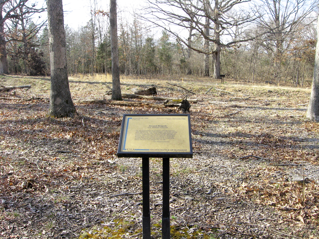The Second Brigade trailside marker is along the Unfinished Railroad, reached from Stop 6 on the Manassas Battlefield Driving Tour.