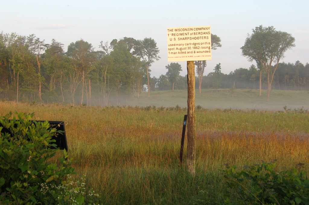 The Wisconsin Company US Sharpshooters marker is on the Deep Cut loop trail at Stop 7 of the Manassas Battlefield Driving Tour.