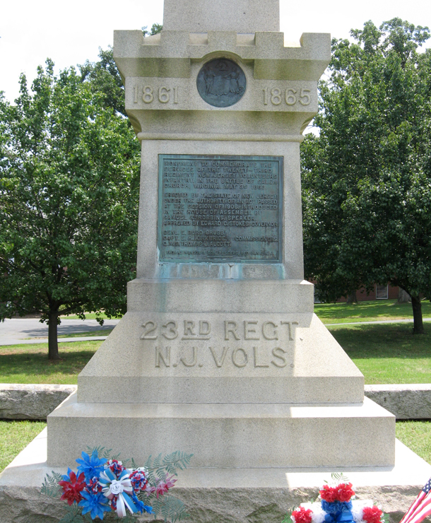 Front view of the base of the monument to the 23rd New Jersey Volunteer Infantry Regiment at Salem Church near Fredericksburg, Virginia