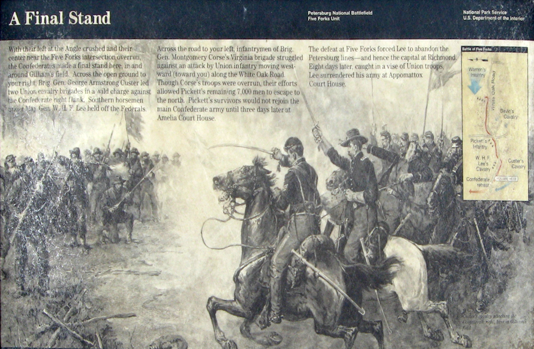 A Final Stand wayside marker on the Civil War Five Forks battlefield near Petersburg.