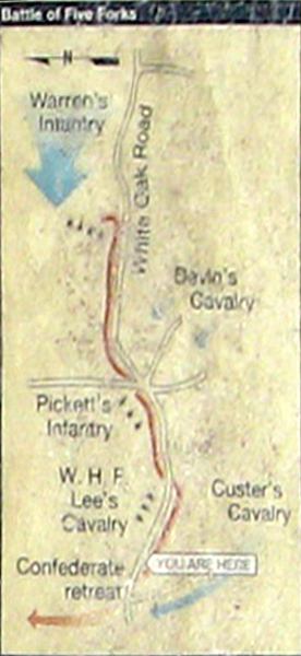 Indset map from the 'A Final Stand' wayside marker on the Civil War Five Forks battlefield near Petersburg.