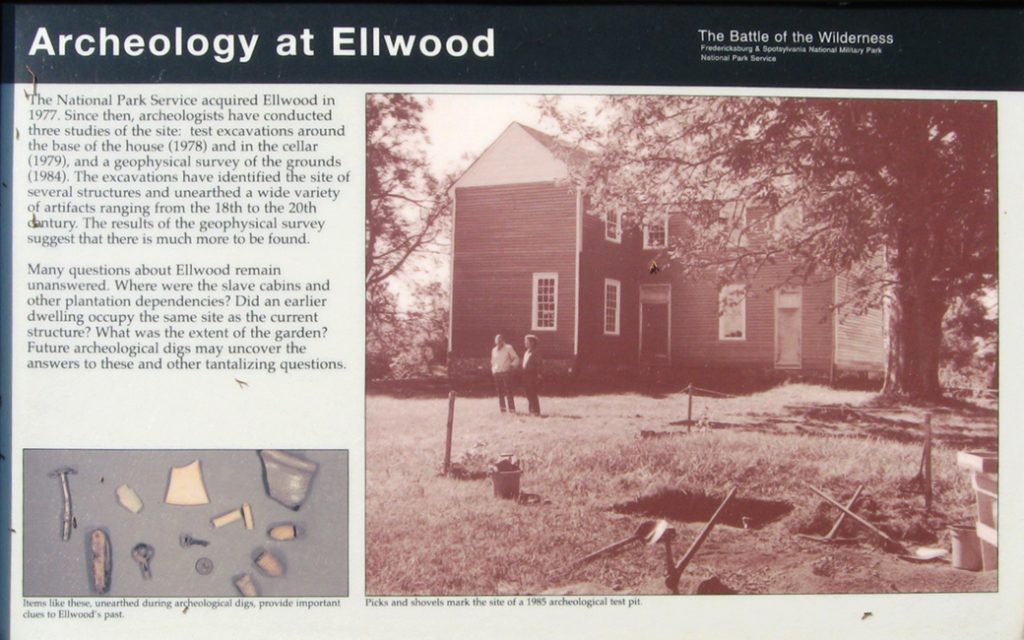 Closeup of the Archeology at Elwood wayside marker on the Wilderness battlefield