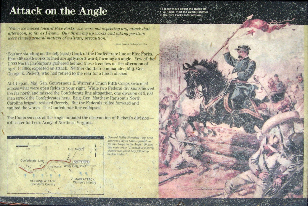 The 'Attack on the Angle' wayside marker at Stop 2 on the Five Forks battlefield Toour