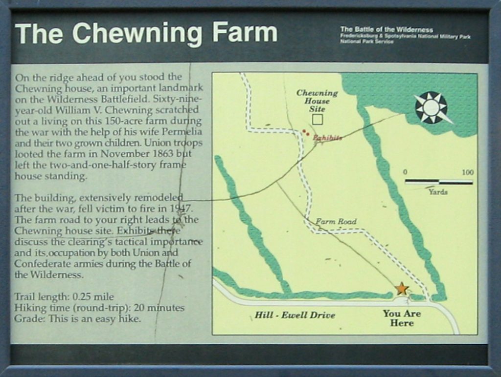 Closeup of the Chewning Farm wayside marker at Stop 5 on the Wilderness Battlefield Auto Tour