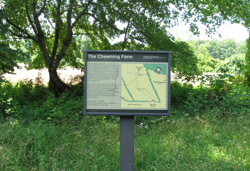 The Chewning Farm wayside marker at Stop 5 on the Wilderness Battlefield Auto Tour