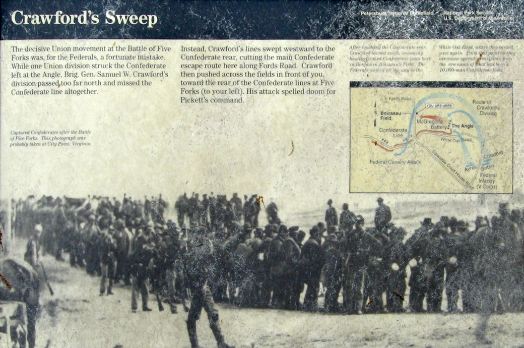 The 'Crawford's Sweep' wayside marker on the Five Forks battlefield near Petersburg, Virginia