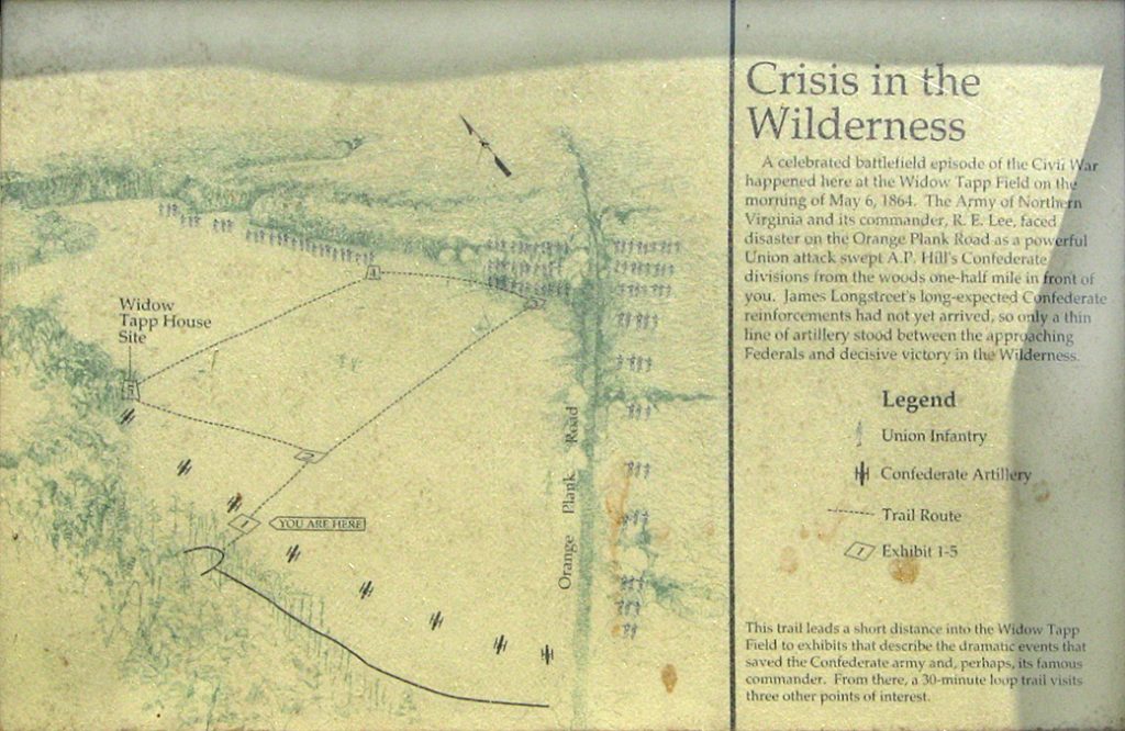 Closeup of the Crisis in the Wilderness wayside marker in Tapp Field on the Wilderness battlefield
