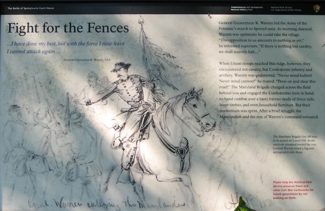 Closeup of the Fight for the Fences wayside marker on the Spotsylvania battlefield