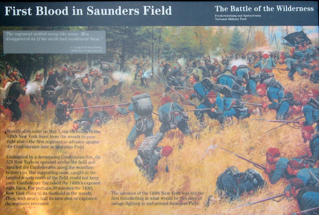 The First Blood in Saunders Field wayside marker on the Wilderness Battlefield