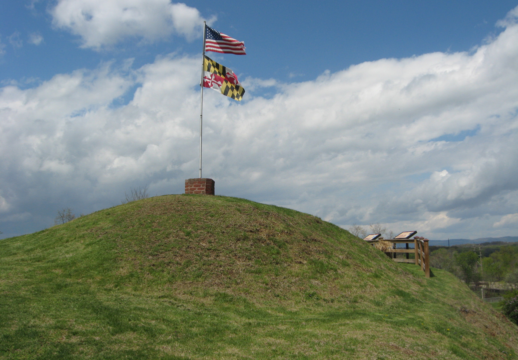 The national and State of Maryland flags on the top of Doubleday Hill in Williamsport, Maryland