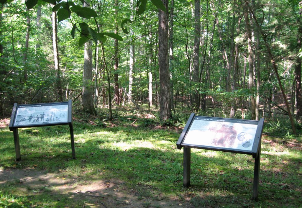 The Uneasy Partnership and Grant’s Headquarters wayside markers at Stop One of the Wilderness Battlefield Auto Tour
