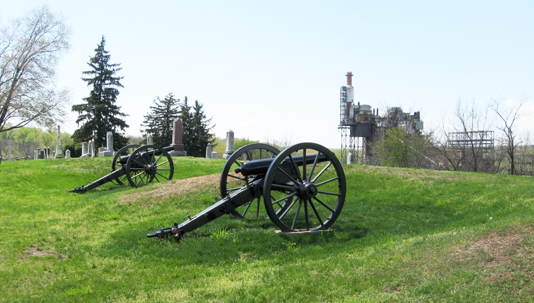View of Civil War artillery on the top of Doubleday Hill in Williamsport, Maryland