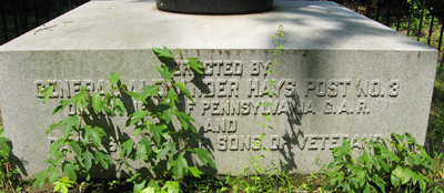 The front of the base of the Monument to Union Major General Alexander Hays on the Wilderness Battlefield, showing the inscription 