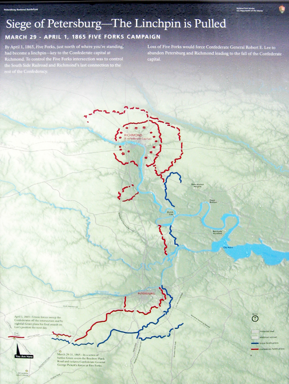 The Siege of Petersburg - The Linchpin is Pulled orientation marker at the Visitor Canter on the Five Forks battlefield
