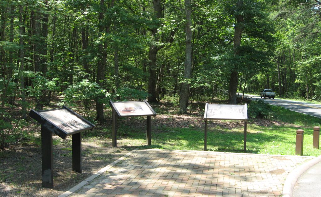 Three wayside markers at Stop 7 - Longstreet's Wounding, on the Civil War Battle of the Wilderness Auto Tour