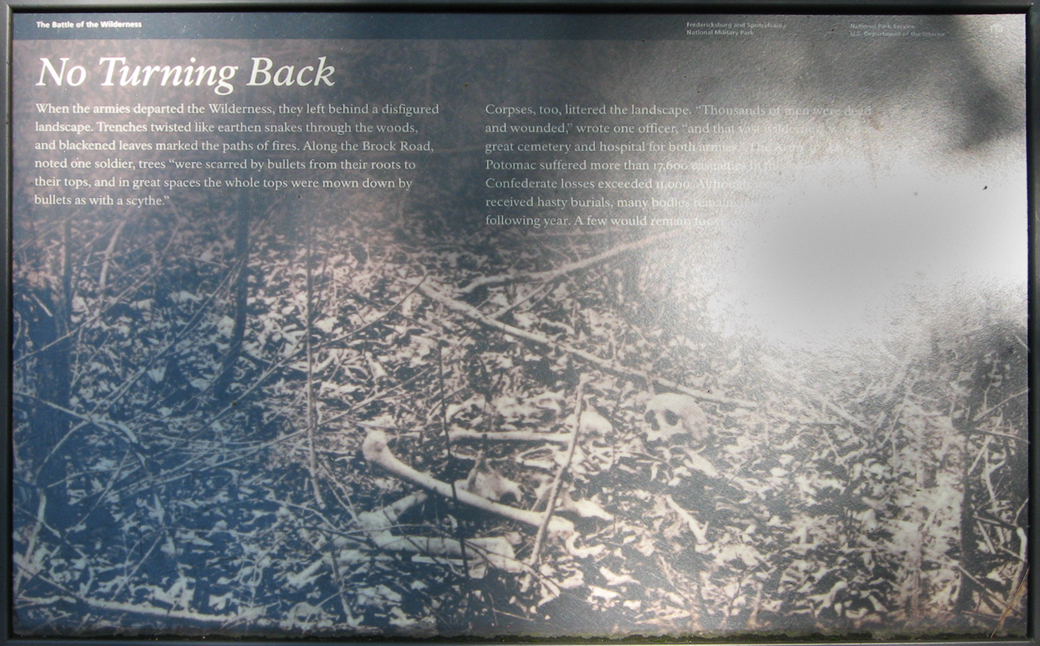 Closeup of the No Turning Back wayside marker on the Wilderness battlefield