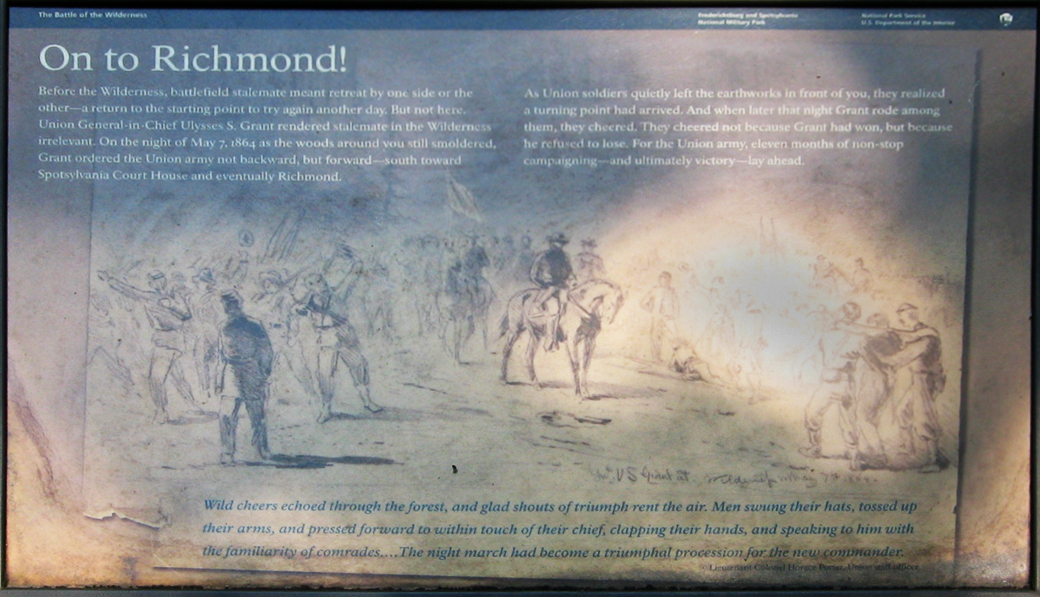 Closeup of the On to Richmond wayside marker on the Wilderness battlefield