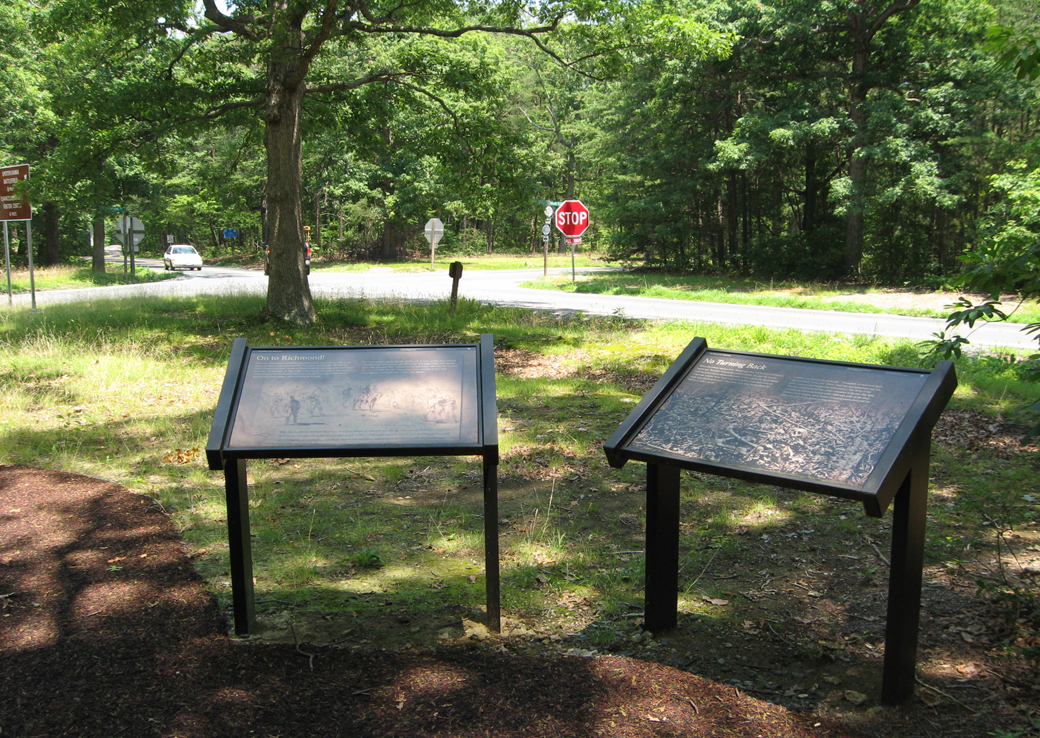 The No Turning Back and On to Richmond wayside markers on the Wilderness battlefield