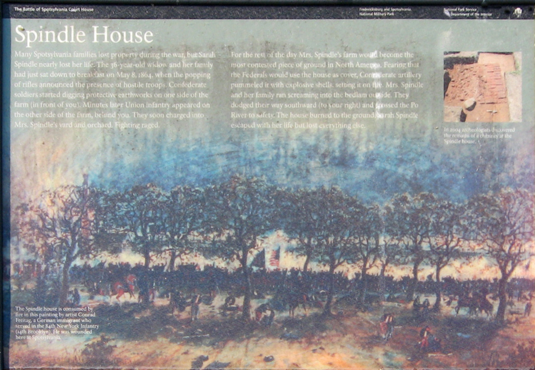 Closeup of the Spindle House wayside marker along the Laurel Hill Trail on the Spotsylvania battlefield