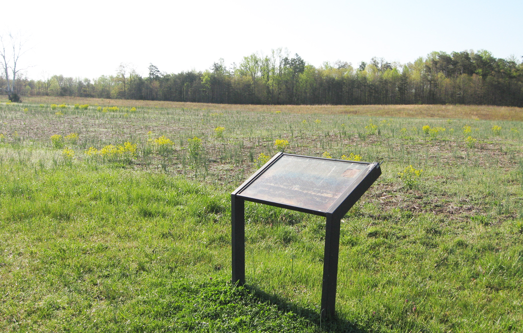The Spindle House wayside marker along the Laurel Hill Trail on the Spotsylvania battlefield
