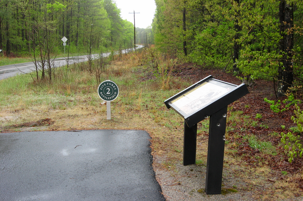 Tour Stop 2 and the 'Attack on the Angle' wayside marker on the Five Forks battlefield