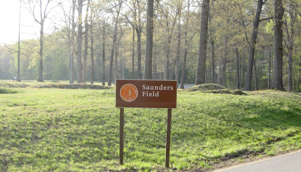 Sign for Saunders Field, Stop 3 on the Civil War Battle of the Wilderness Auto Tour