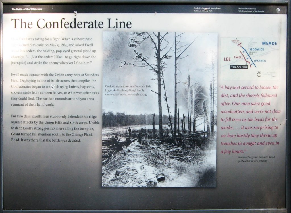 The Confederate Line wayside marker on the Wilderness battlefield