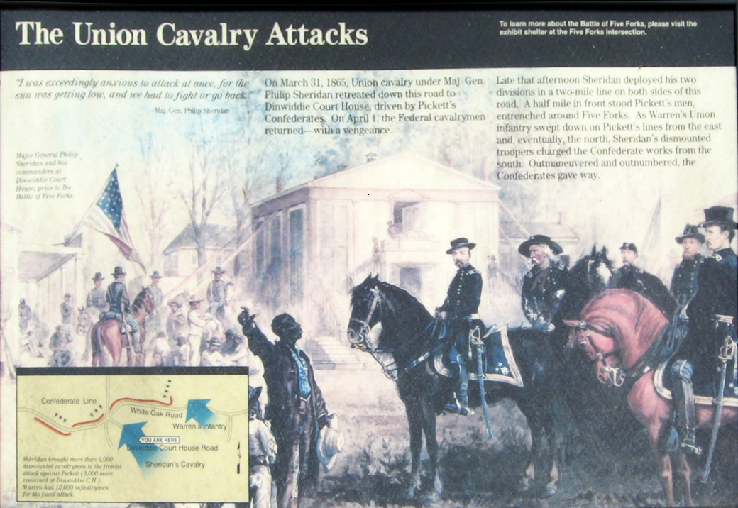 The Union Cavalry Attacks wayside marker on the Five Forks battlefield near Petersburg, Virginia