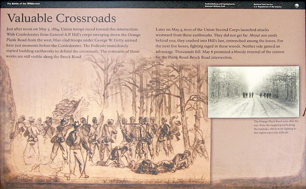 Closeup of the The Valuable Crossroads waysde marker on the Wilderness battlefield