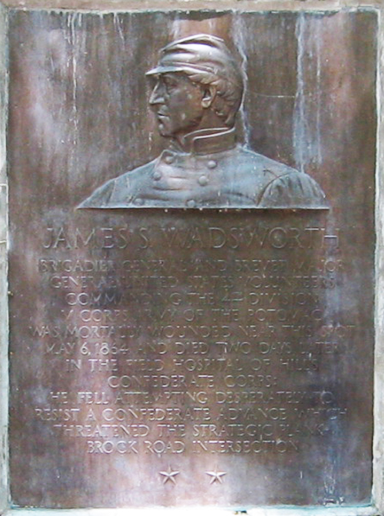 Closeup of the tablet from the monument to Union Brevet Major General James Wadsworth on the Wilderness battlefield
