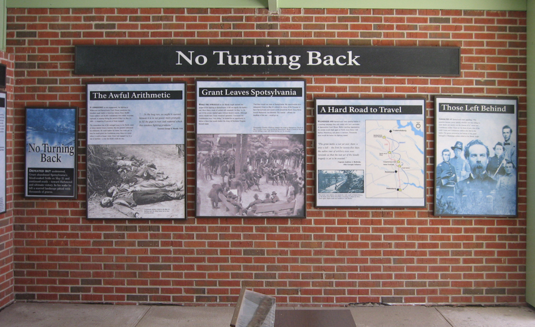 The west wall of the Spotsylvania Battlefield Exhibit Shelter