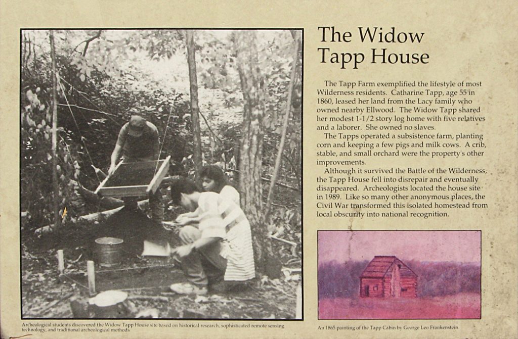 Closeup of the Widow Tapp House wayside marker on the Wilderness battlefield