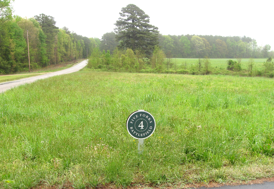 Tour Stop 4 and 'The Final Stand' wayside marker on the Five Forks battlefield
