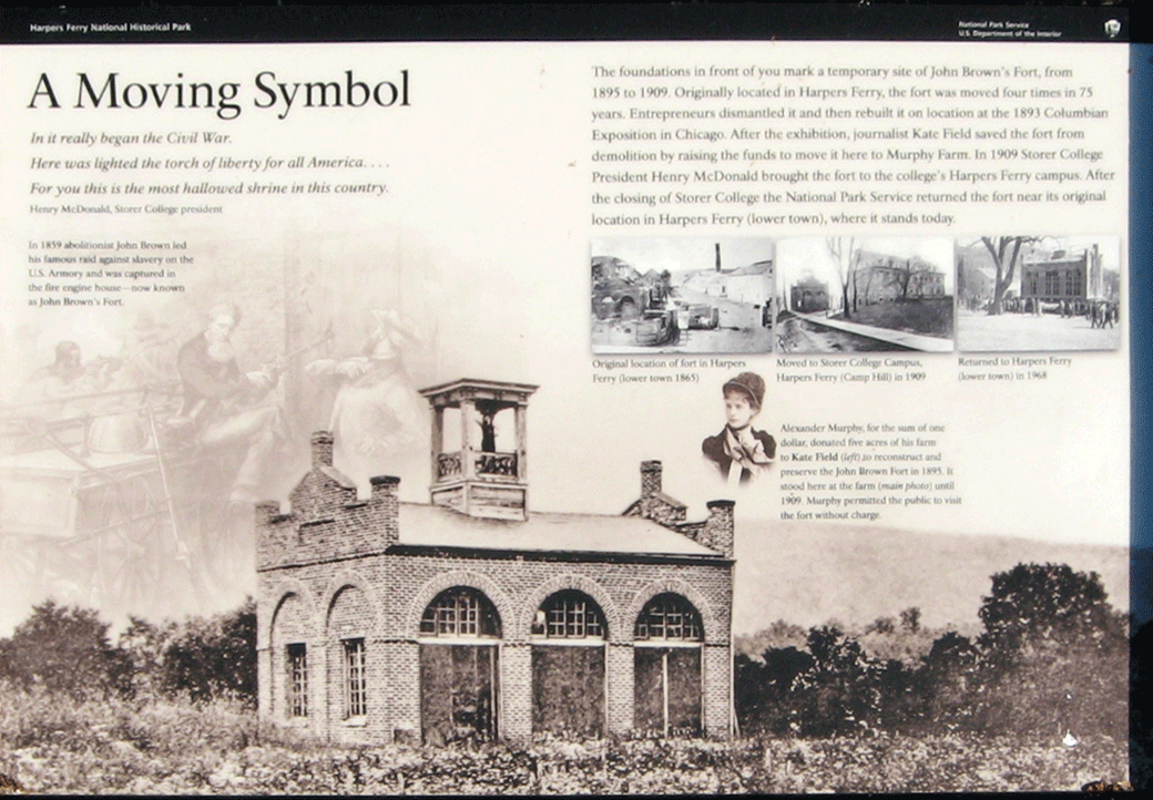 Closeup of the A Moving Symbol wayside marker on the Harpers Ferry battlefield