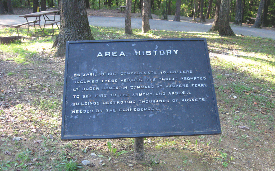 The Area History marker in the KOA campground at Harpers Ferry