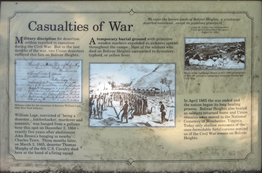 Closeup of the Casualties of War wayside marker on the Harpers Ferry battlefield