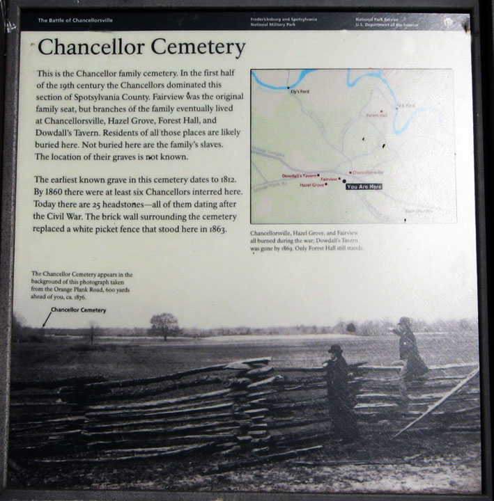 Closeup of the The Chancellor Cemetery wayside marker on the Chancellorsville battlefield