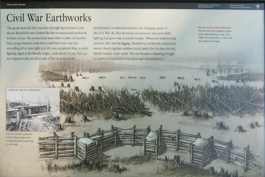 The Civil War Earthworks wayside marker on the Spotsylvania battlefield