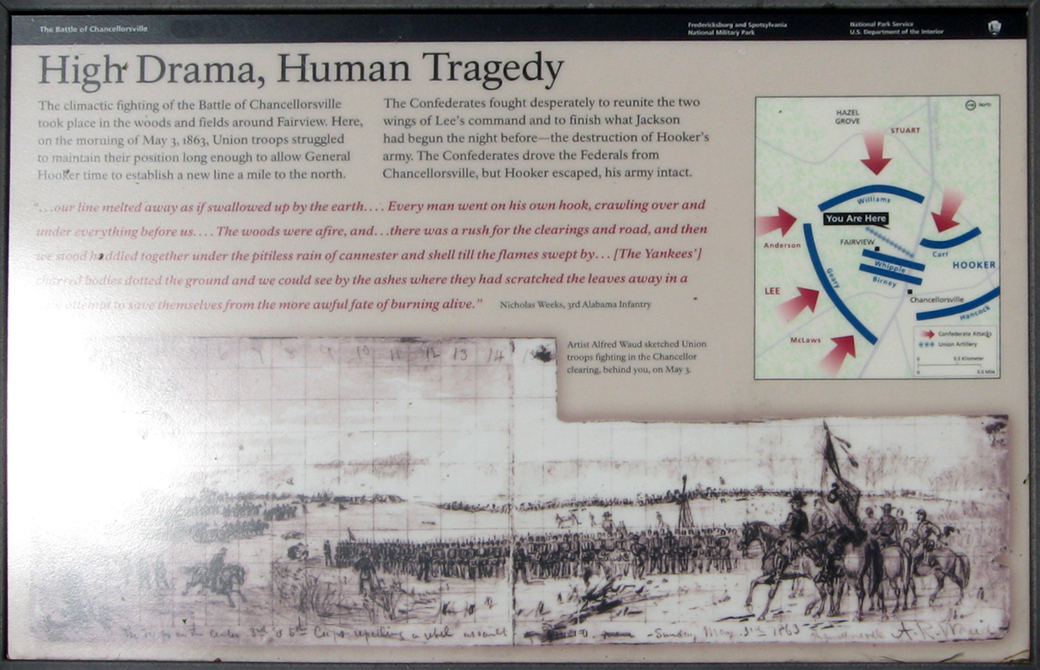 The High Drama, Human Tragedy wayside marker on the Chancellorsville battlefield at Fairview