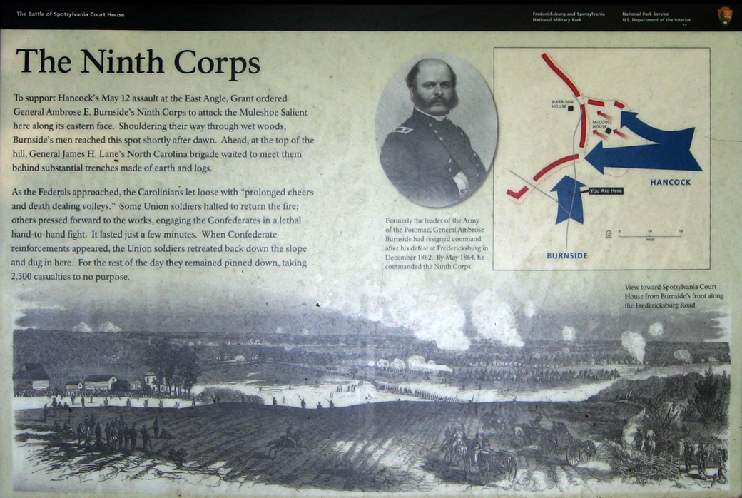 Closeup of the Ninth Corps wayside marker on the Spotsylvania battlefield