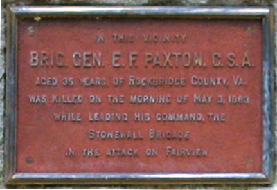 Closeup of the tablet from the Monument to Confederate Brigadier General Elisha F. Paxton on the Chancellorsville battlefield