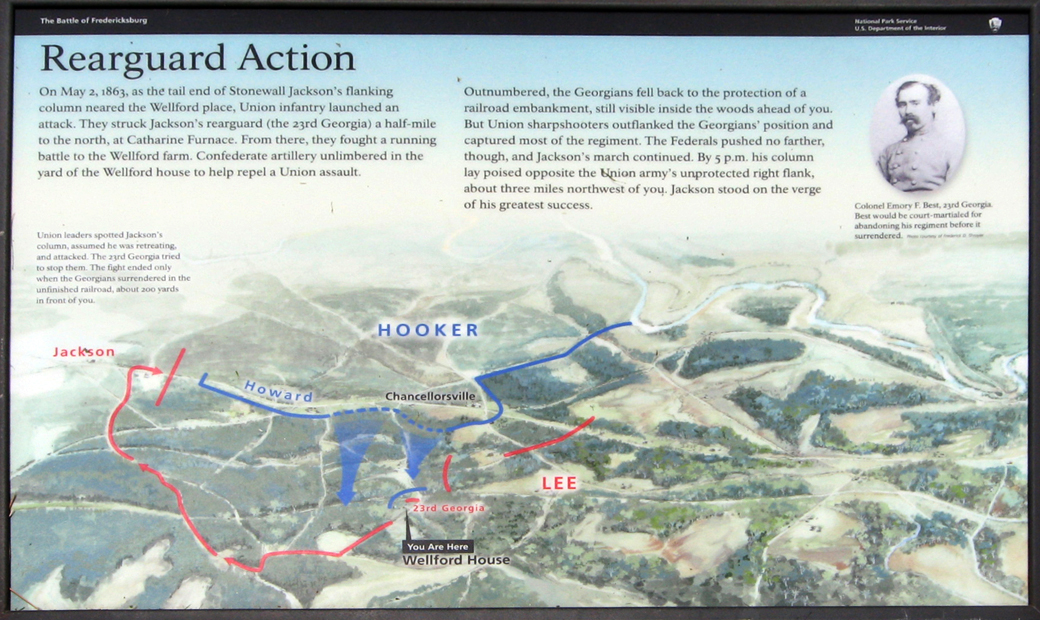 Closeup of the Rearguard Action wayside marker along the Jackson Flank March Trail on the Chancellorsville Battlefileld